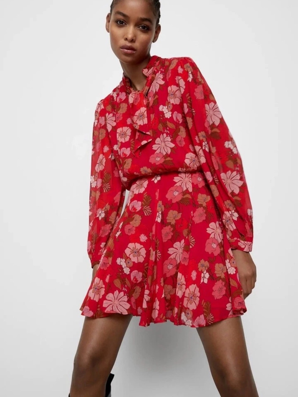 NWOT Zara Red Floral Tie-Neck Mini Dress Red X-Small